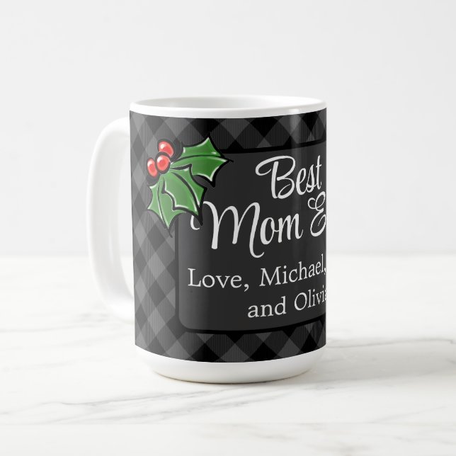 Beste Mama Weihnachts Klassik Grau Kariert Holly Kaffeetasse (Vorderseite Links)