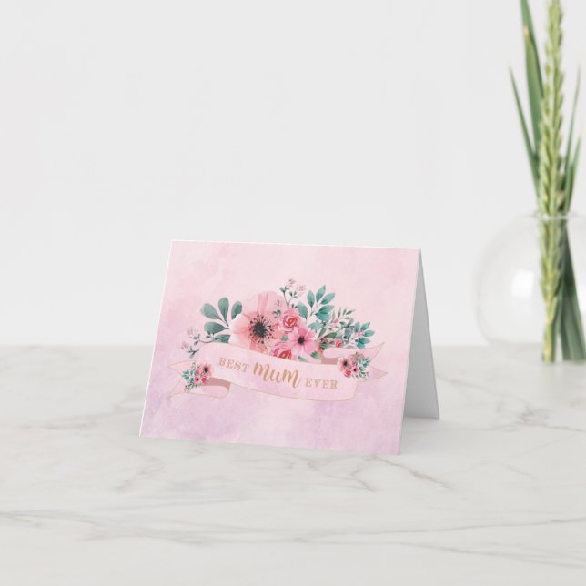 Beste Mum je rosa Blumengrün Karte (Vorderseite)