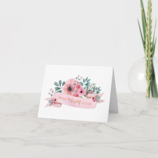 Beste Mum je rosa Blumengrün Karte (Vorderseite)
