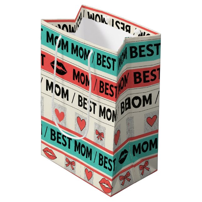 Beste-Mutter-Comic-Herzen Retro-Grafik Mittlere Geschenktüte (Vorderseite Schrägansicht)