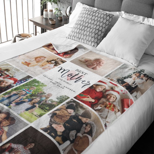 Beste Mutter in der Welt Foto Collage Rosa Herz Fleecedecke (Best Mother in the World in a fun typography design with 11 family photo slots)