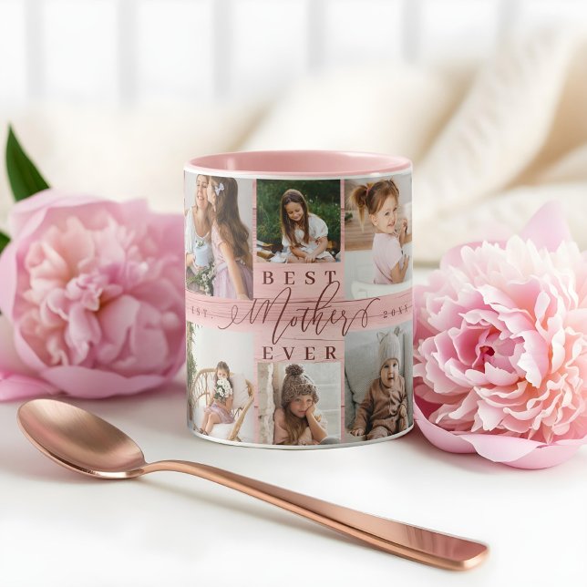 Beste Mutter je Foto Collage Pink Woodgrain Tasse (Best Mother Ever Photo Collage Pink Woodgrain Mug)