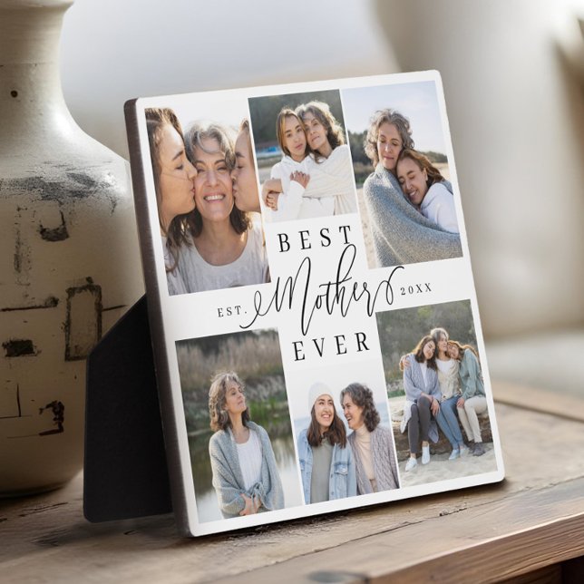 Beste Mutter je Script 6 Foto Collage Keepake Fotoplatte (Best Mother Ever Script 6 Photo Collage Keepsake Plaque)
