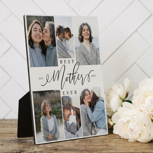 Beste Mutter je Script 6 Foto Collage Keepake Fotoplatte (Best Mother Ever Script Photo Collage Keepsake Plaque)