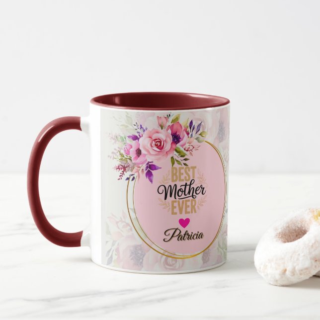 Beste Mutter überhaupt - Rosa Florales benutzerdef Tasse (Mit Donut)