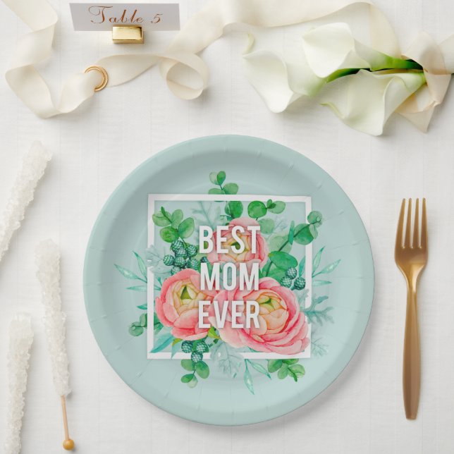 Beste Mutter überhaupt Wasserfarbe Floral Grün & G Pappteller (Hochzeit)