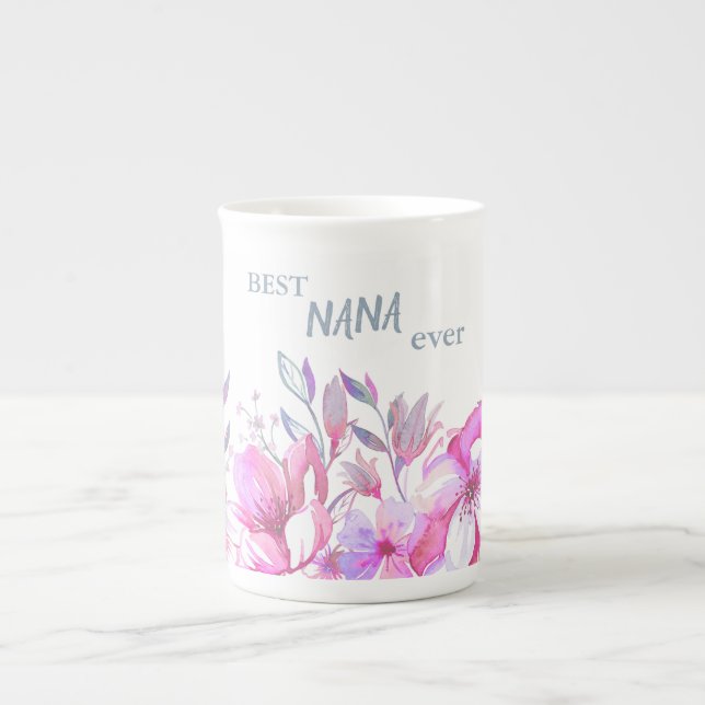 Beste Nana je Rosa und violette Blumen Prozellantasse (Vorderseite)