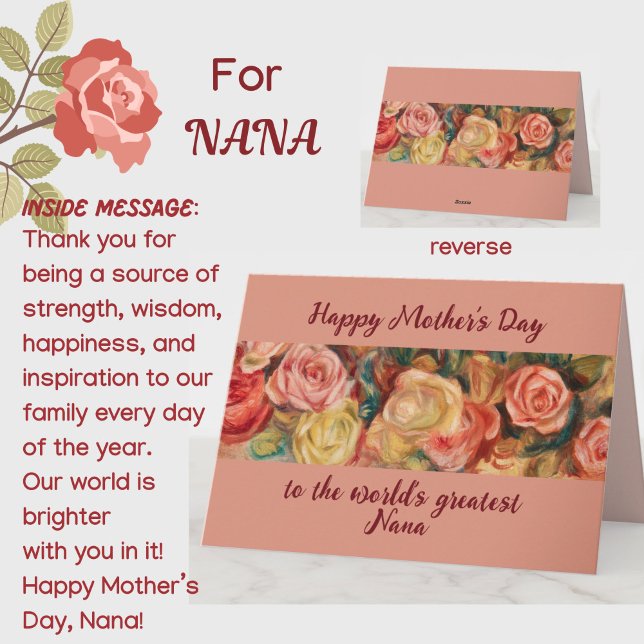 'Beste Nana' Mother Day Floral Rose Custom Karte (A beautiful floral roses Mother's Day card for your special Nana (grandmother)! Customizable.)