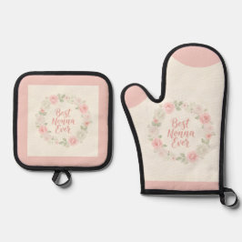 Beste Nonna Aller Pink & Grüner Blumenkranz Ofenhandschuh & Topflappen-Set