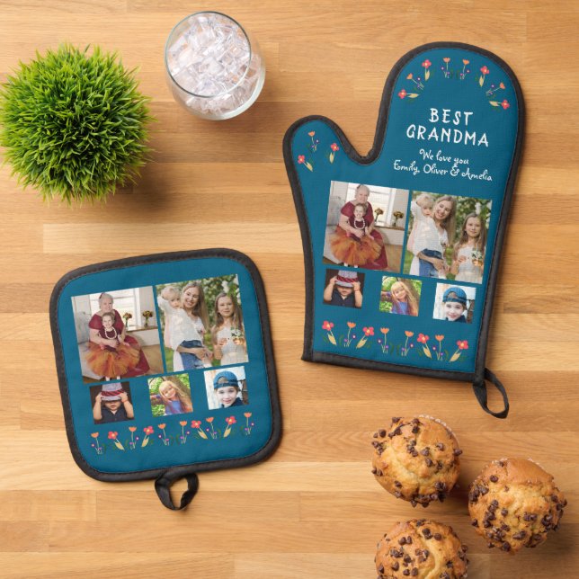 Beste Oma-Blume 5 Foto Collage Keepake Ofenhandschuh & Topflappen-Set (Oben Unten)