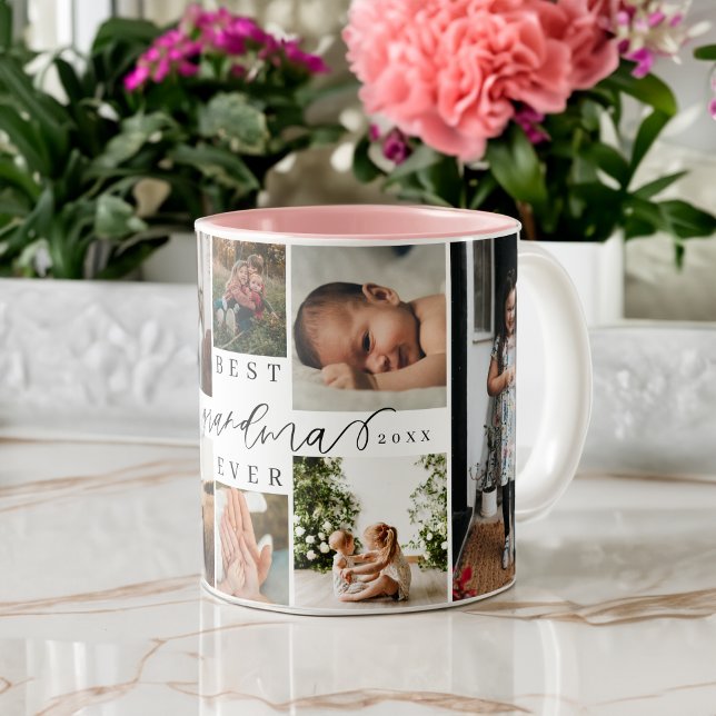 Beste Oma je | Elegantes Skript 8 FotoCollage Zweifarbige Tasse (Best Grandma Ever | Elegant Script 8 Photo Collage Two-Tone Coffee Mug)