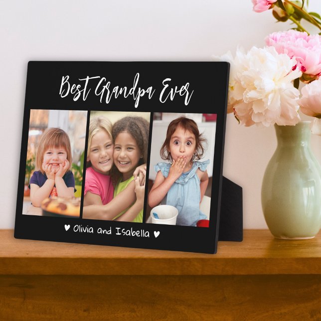 Beste Opa je Großkinder 3 Collage Schwarz Fotoplatte (Best Grandpa Ever Grandkids 3 Photo Collage Black Plaque)