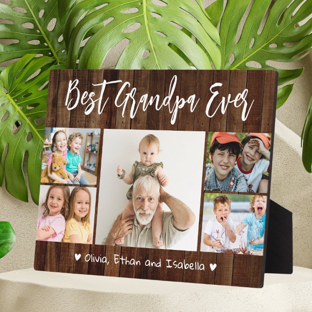 Beste Opa je Großkinder 5 Fotokollage Holz Fotoplatte (Best Grandpa Ever Grandkids 5 Photo Collage Wood Plaque)
