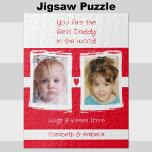Beste Papa 2 Fotos mit weißen Namen Puzzle<br><div class="desc">Jigsaw Puzzle Geschenkidee für den besten Papa der Welt. Warum nicht das Puzzle rahmen,  wenn es zusammengestellt wurde. Fügen Sie 2 Fotos und Kindernamen hinzu. Hugs & Kisses von den Kindern. Weiß und rot.</div>