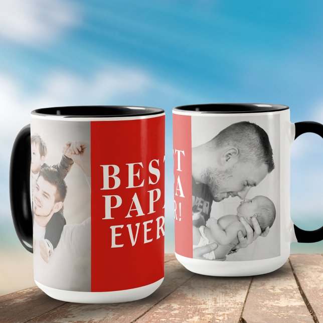 Beste Papa je 2 Foto Collage Rot Tasse (Von Creator hochgeladen)