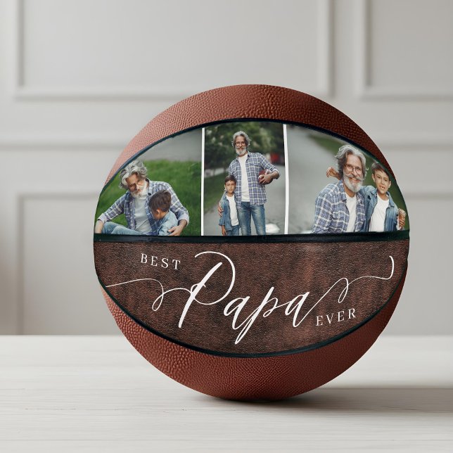 Beste Papa je Leder Väter Tag FotoCollage Basketball (Best Papa Ever Leather Fathers Day Photo Collage Basketball)