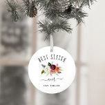 Beste Schwester je | Burgundy Boho Floral Foto Ornament<br><div class="desc">Dieses trendige und stilvolle Weihnachtsschmuck sagt "Beste Schwester aller Zeiten" in rustikaler,  handgeschriebener Schrift und bietet ein Aquarellbouquet von boho Blume in Marsala-,  Orange- und Weißtönen für ein Urlaubsgeschenk,  das Ihre Schwester Liebe wird. Fügen Sie Ihr persönliches Foto auf die Rückseite.</div>