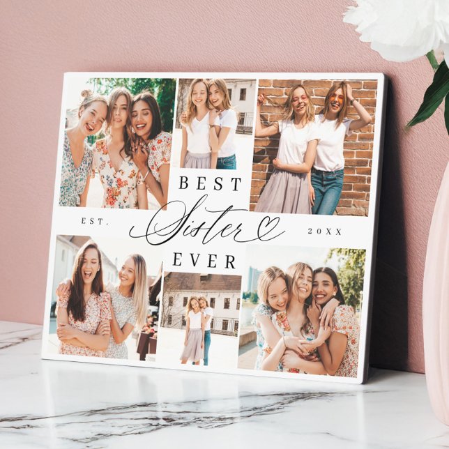 Beste Schwester je Sister Script Herz Foto Collage Fotoplatte (Best Sister Ever Sister Script Heart Photo Collage Plaque)