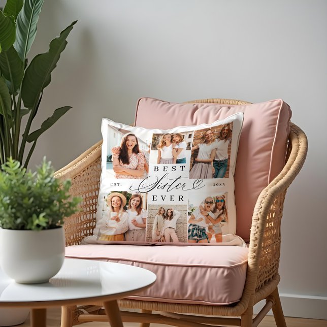 Beste Schwester je Sister Script Herz Foto Collage Kissen (Best Sister Ever Sister Script Heart Photo Collage Throw Pillow)