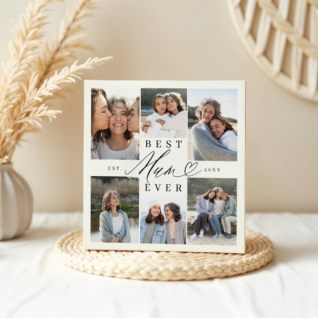 Beste Summe je Elegante Script Herzklopfen FotoCol Fotoplatte (Best Mum Ever Elegant Script Heart Photo Collage Plaque)