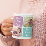Beste Tante je Foto Kaffeetasse<br><div class="desc">Feiern Sie mit diesem lila und aquamarinen Design eine beliebte Tante. Man kann fünf Fotos von Nichten und Neffen hinzufügen, die Ausdrücke von "Beste Tante je" und "Ich Liebe dich" oder "Wir Liebe dich" personalisieren und ob sie Tante, Tante, Tia, etc. heißt, und ihren Namen. Sie können auch ihre Nichten...</div>