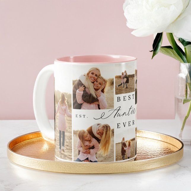 Beste Tante je Tante Girly Script Foto Collage Zweifarbige Tasse (Best Auntie Ever Auntie Girly Script Photo Collage Two-Tone Coffee Mug)