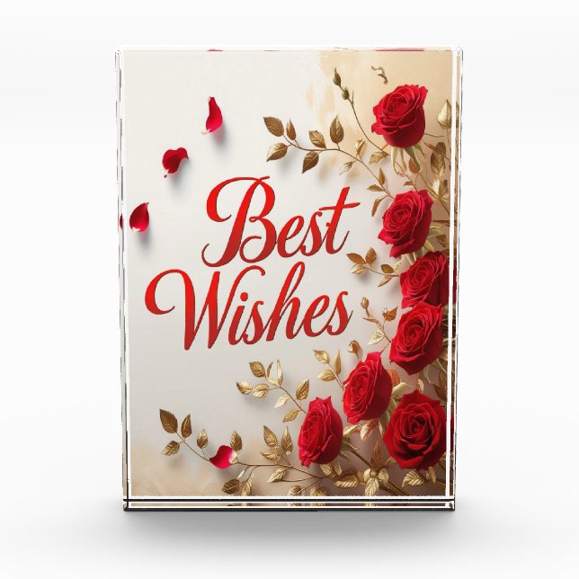 "Beste Wünsche" mit Rote Rosen und Gold-Blätter Fotoblock (Vorderseite)