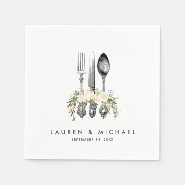 Besteck Elfenbein Blumengrün Hochzeitsnapkins Serviette (Vorderseite)
