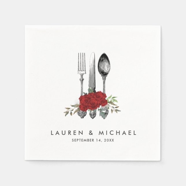 Besteck rote Rosen Blumengrün Hochzeitsnapkins Serviette (Vorderseite)