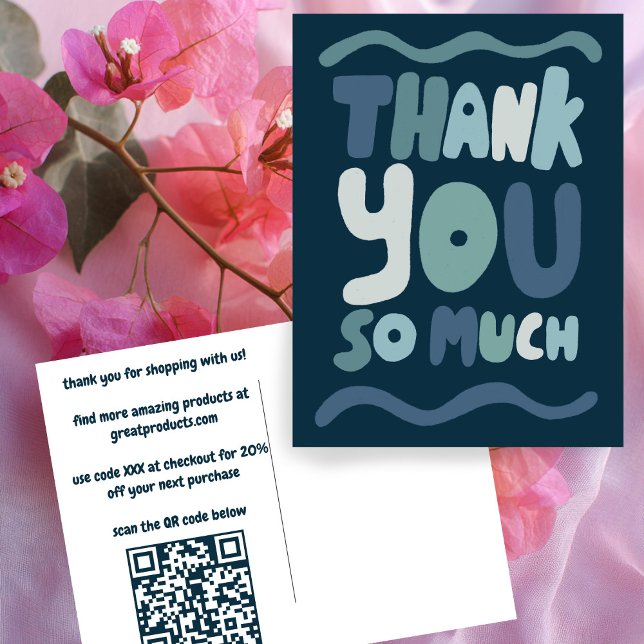 Bestellen DANK Blue Curvy Bubbleletters Custom QR Postkarte (Order THANK YOU Blue Curvy Bubble letters Custom QR Code Customer Gratitude Packaging Postcard
)