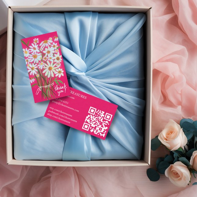 Bestellen DANK Niedlich Daisy Bouquet Pink QR Code Visitenkarte (Pink watercolor daisy bouquet thank you note business card with QR code)