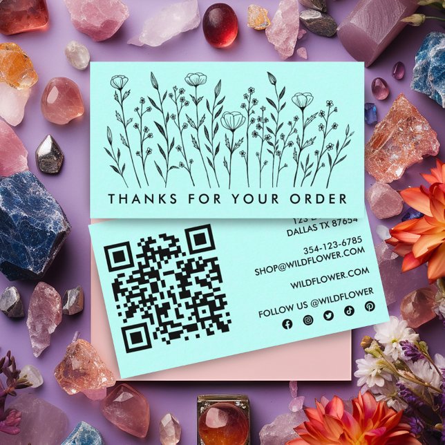 BESTELLEN DANK Wildblumen QR Code Soziale Icons Visitenkarte (Custom QR code and social icons on this thank you for your order card with botanical wildflowers art)