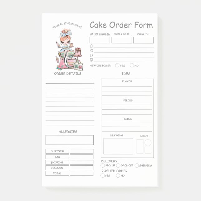 Bestellformular für die Bestellung von Bäckereien Post-it Klebezettel (Vorderseite)