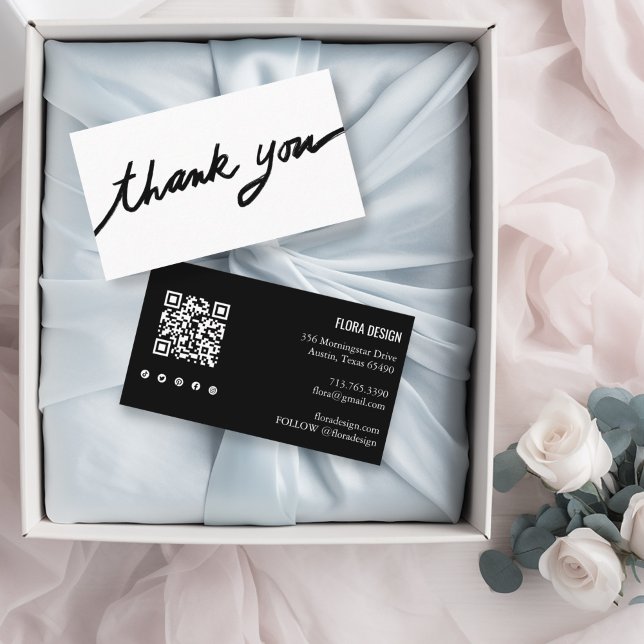 Bestellung Vielen Dank Custom Script QR Code Sozia Visitenkarte (Handmade cursive thank you business card with social icons and QR code, black and white)