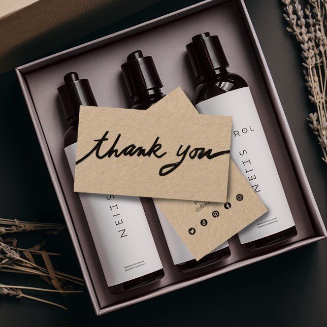 Bestellung Vielen Dank Custom Script Social Icons  Visitenkarte (Black inky script Thank you note on kraft paper business cards with social media icons)