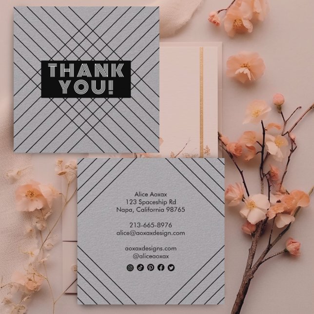 Bestellung Vielen Dank Minimalistisch Abstrakten e Quadratische Visitenkarte (Custom thank you for your order cards on luxurious gray. Custom social media icons on modern style)