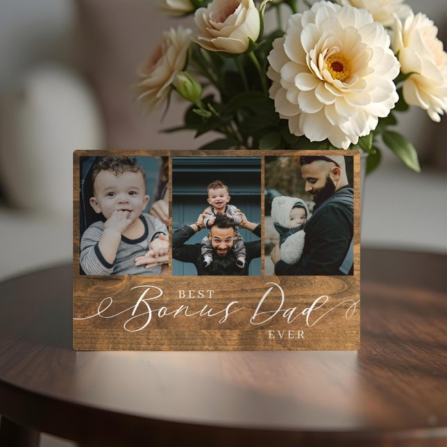 Bester Bonus Vater je Woodgrain Foto Fotoplatte (Best Bonus Dad Ever Woodgrain Fathers Day Photo Plaque)