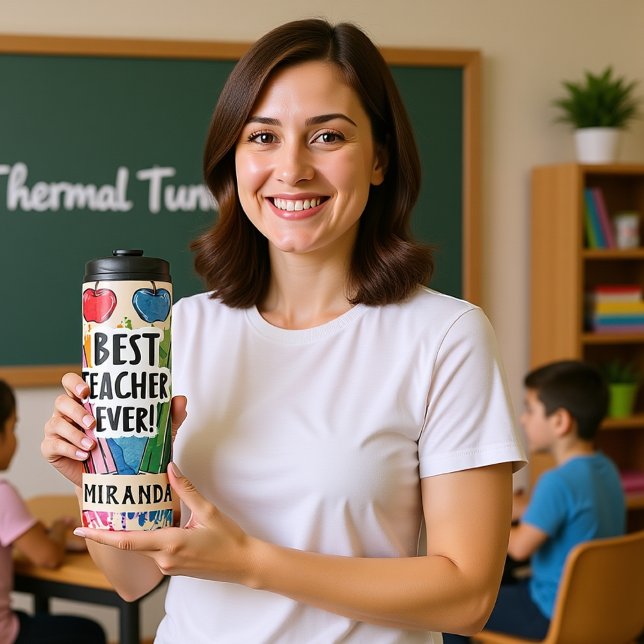 Bester Lehrer Ever individuelle Name Äpfel/Stifte Thermosbecher (Best Teacher Ever custom Name apples/pens Thermal Tumbler
)