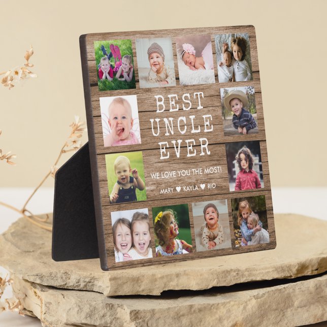 Bester Onkel je 12 Foto Collage Rustikales Holz Fotoplatte (Best Uncle Ever 12 Photo Collage Rustic Wood Plaque - Uncle gifts for birthday holiday Christmas)