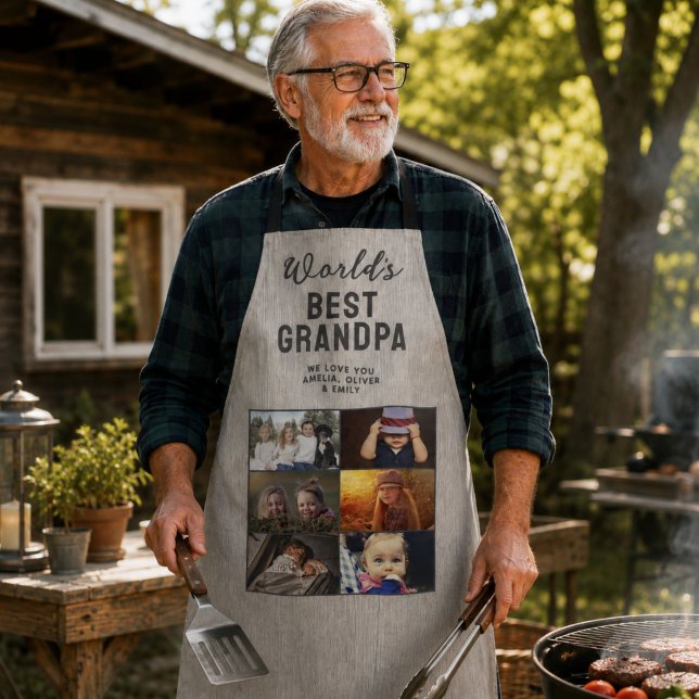 Bester Opa der Welt Holz 6 Foto Collage Schürze (Von Creator hochgeladen)