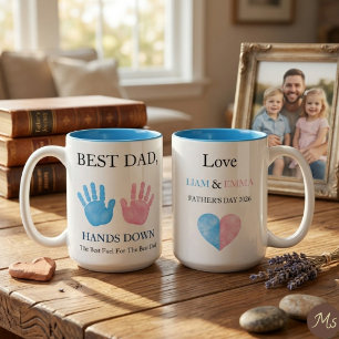 Bester Papa, Hands Down Kids Handabdruck Kaffeetas Zweifarbige Tasse