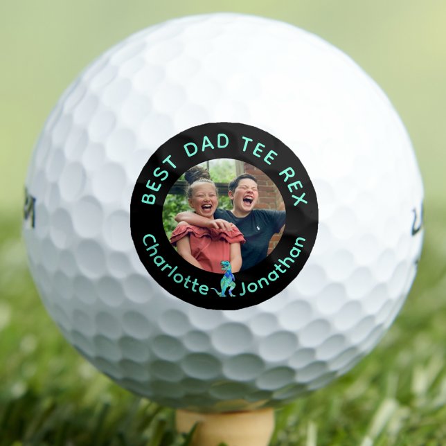 Bester Papa Tee Rex Kinderfoto Golfball (Funny best dad tee Rex custom kids photo golf ball With names dinosaur golfing fathers gift from kid)