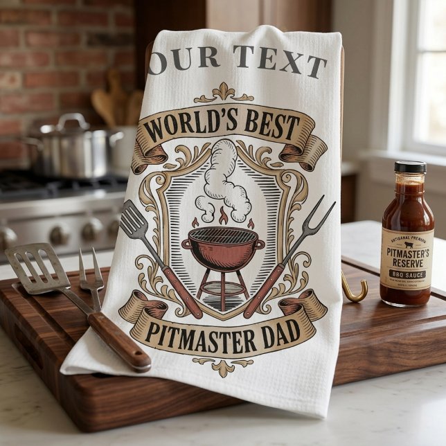 Bester Pitmaster-Daddy der Welt Retro-BBQ-Wappen i Geschirrtuch (Von Creator hochgeladen)