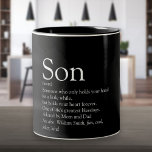 Bester Sohn je definiert Schwarz und Weiß Zweifarbige Tasse<br><div class="desc">Personalisieren Sie für Ihren besonderen Sohn oder Hijo,  um ein einzigartiges Geschenk zu schaffen. Eine perfekte Art,  ihm zu zeigen,  wie phantastisch er jeden Tag ist. Entwickelt von Thisisnotme©</div>