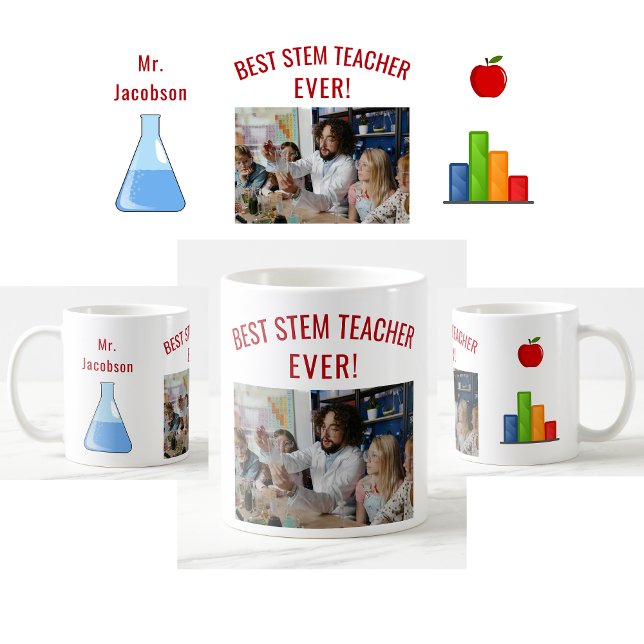 Bester STEM Lehrer je, Name, Foto, Wertschätzung Kaffeetasse (Best STEM Teacher Ever photo mug. Name. Beaker. Bar Graph. Apple. Cute teacher appreciation mug)