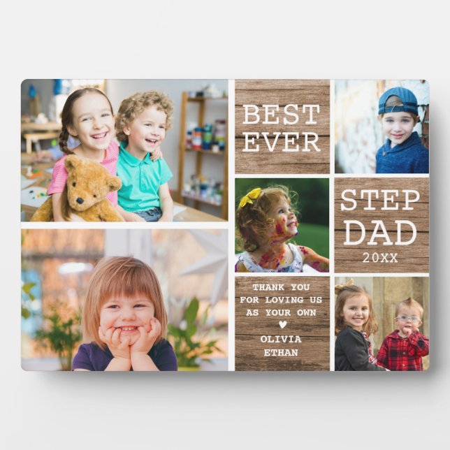 Bester Step-Vater je 5 Foto Collage Rustikales Hol Fotoplatte (Vorderseite)