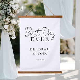 Bester Tag überhaupt! Elegante moderne Hochzeit Wandteppich Mit Holzrahmen