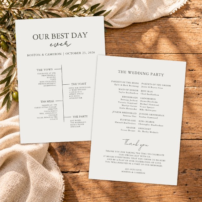 Bester Tag überhaupt Hochzeits-Zeitplan Zeremonie- Programm (modern minimalist best day ever wedding timeline ceremony program for elegant wedding day italy)