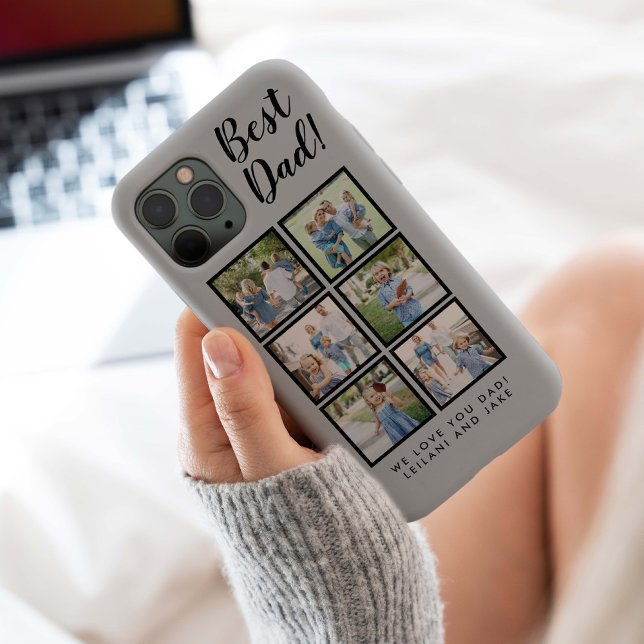 Bester Vater! 6 FotoCollage Modernes Licht Grau Case-Mate iPhone Hülle (Modern Best Dad 6 photo collage with message for Father's Day, Christmas, or Dad's B-day. )