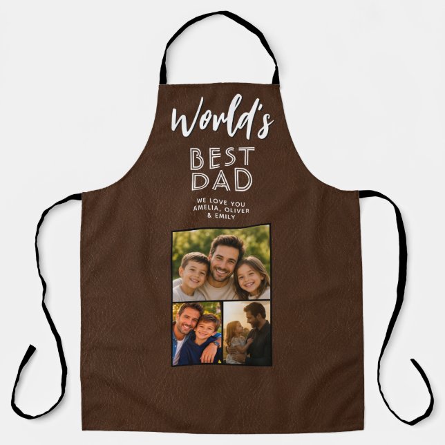 Bester Vater der Welt Faux-Leder 3-Foto-Collage Schürze (Vorderseite)